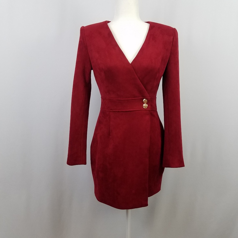 PEACE & LOVE Cranberry Red Faux Suede Wrap Dress w/ Structured Shoulders /(NWOT)